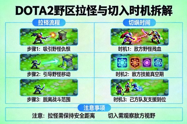 DOTA2野区拉怪与切入时机拆解示意图