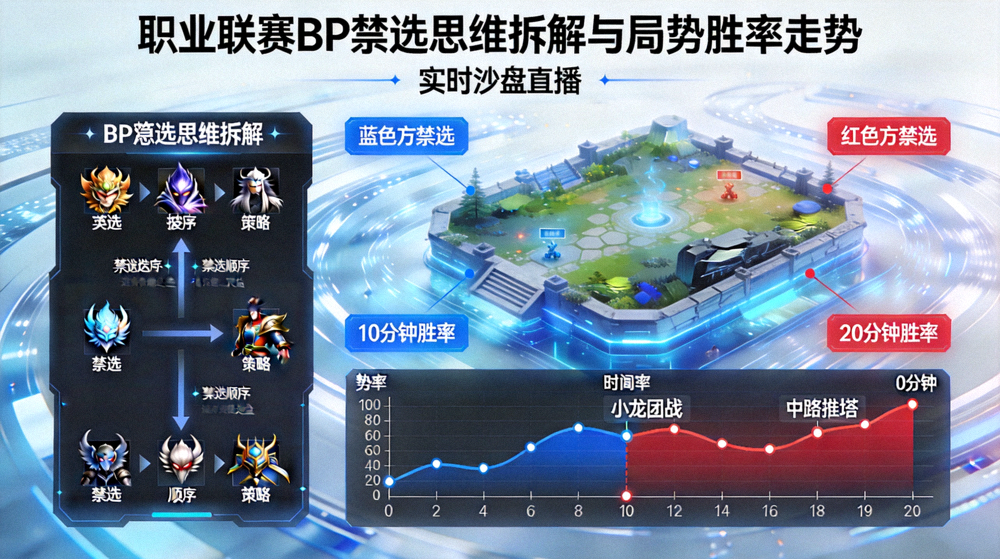 职业联赛BP禁选思维拆解与局势胜率走势沙盘直播画面